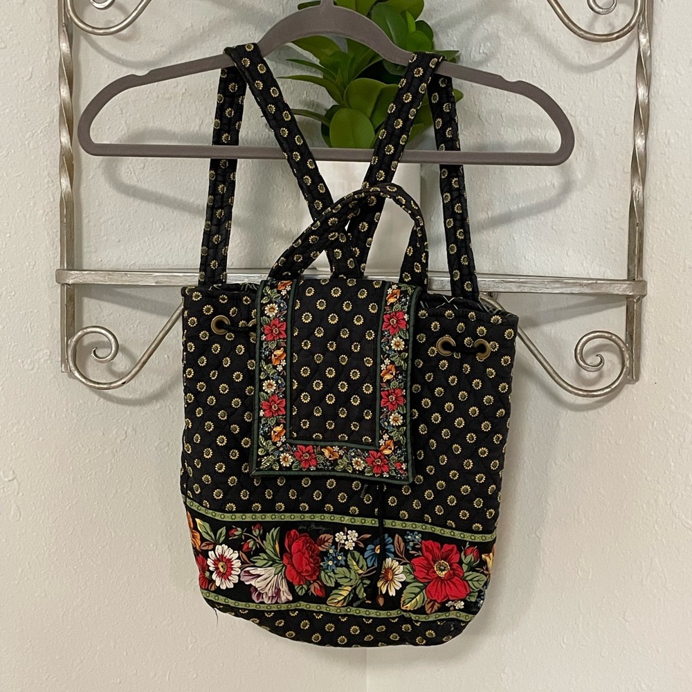 Vintage Vera Bradley 100% Cotton Black Quilt Floral Drawstring Backpack